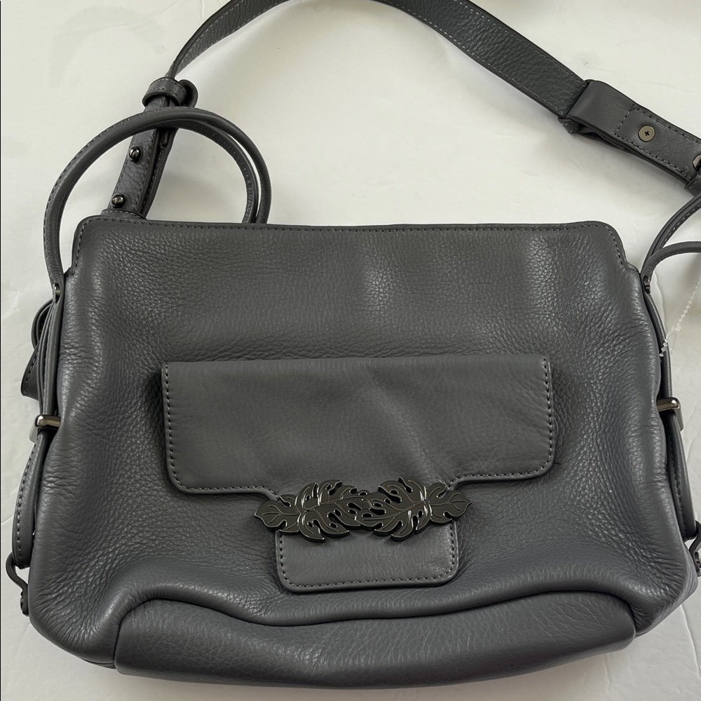 Tommy Bahama Gray Pebbled Leather Crossbody Bag with Decorative Clasp